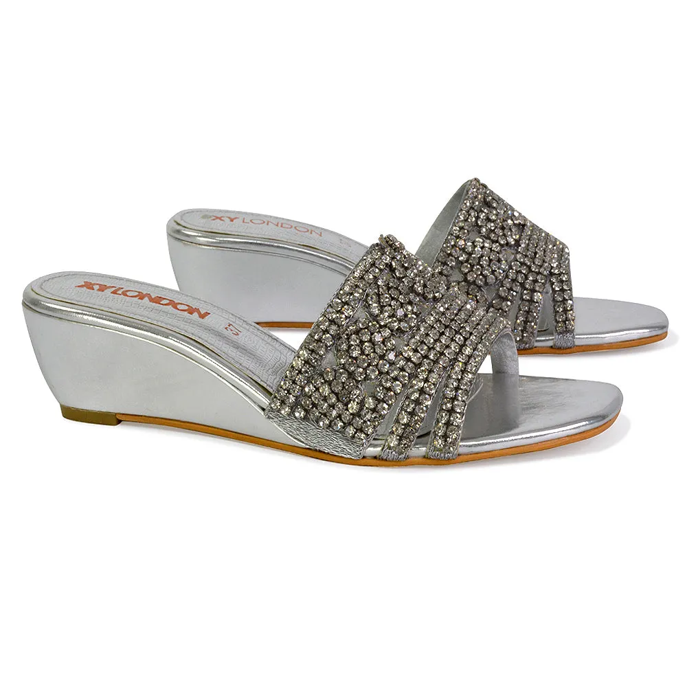 Olive Square Toe Embellished Diamante Wedge Heel Sandals in Black