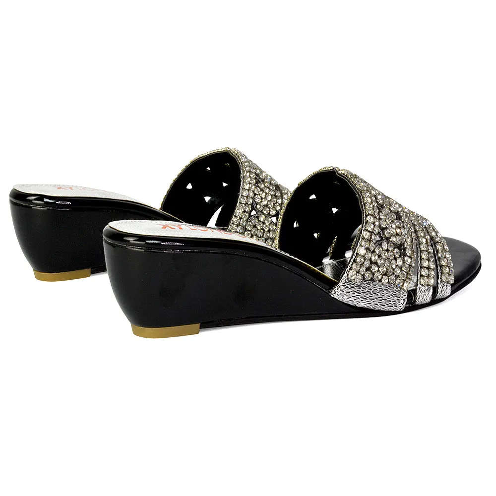 Olive Square Toe Embellished Diamante Wedge Heel Sandals in Black