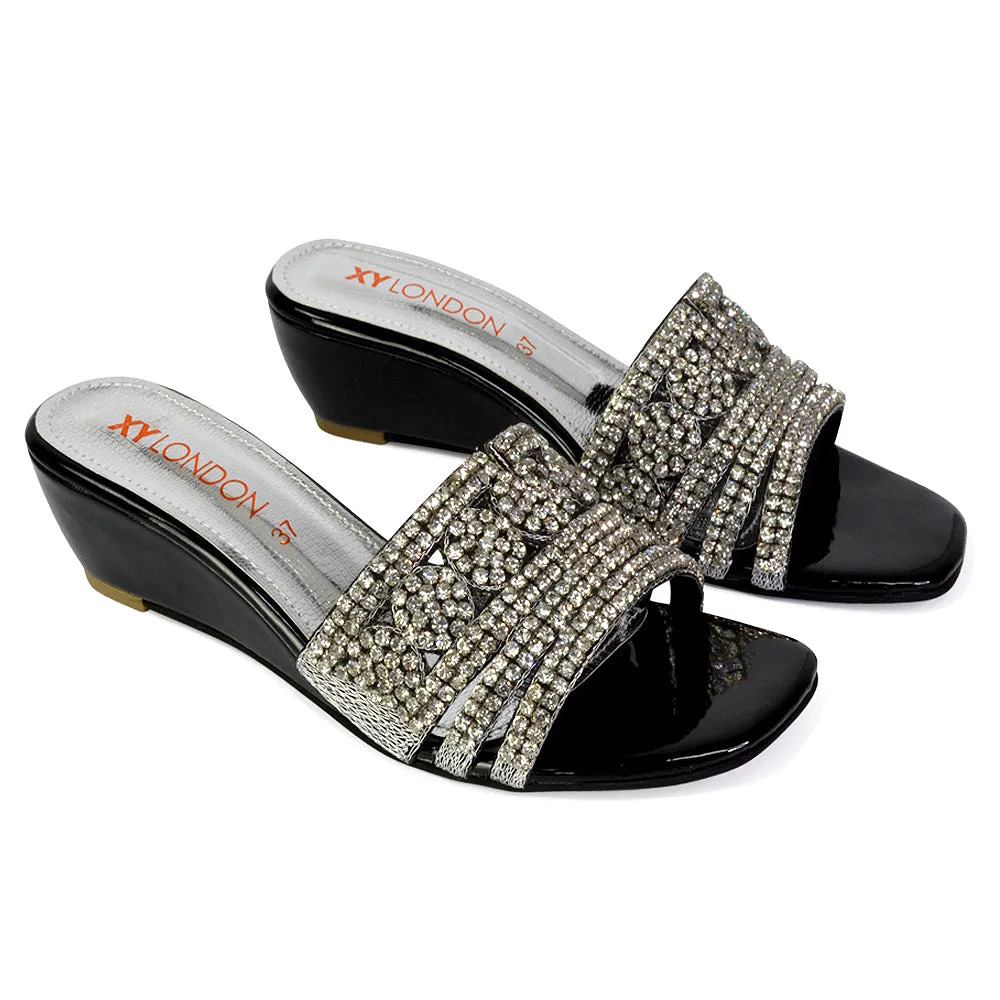 Olive Square Toe Embellished Diamante Wedge Heel Sandals in Black