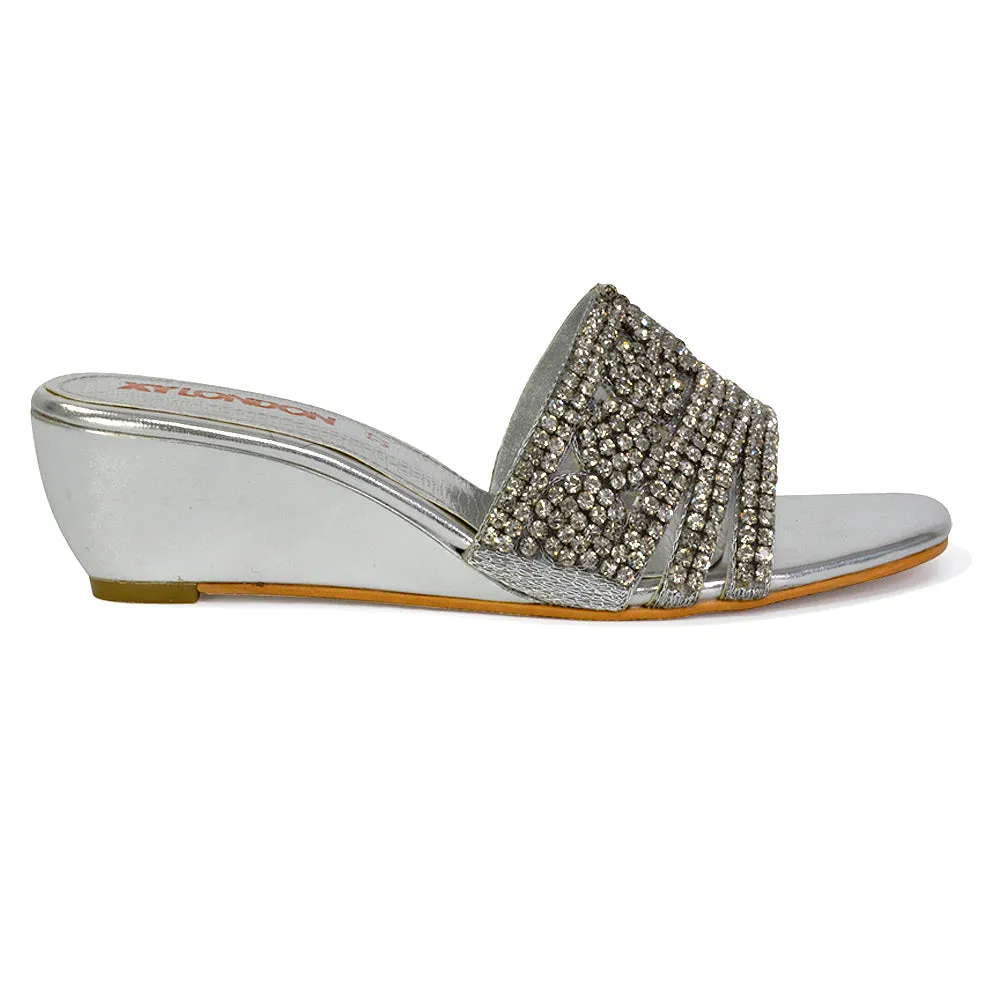 Olive Square Toe Embellished Diamante Wedge Heel Sandals in Black