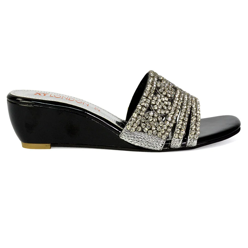 Olive Square Toe Embellished Diamante Wedge Heel Sandals in Black