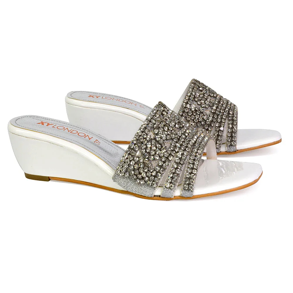 Olive Square Toe Embellished Diamante Wedge Heel Sandals in Black