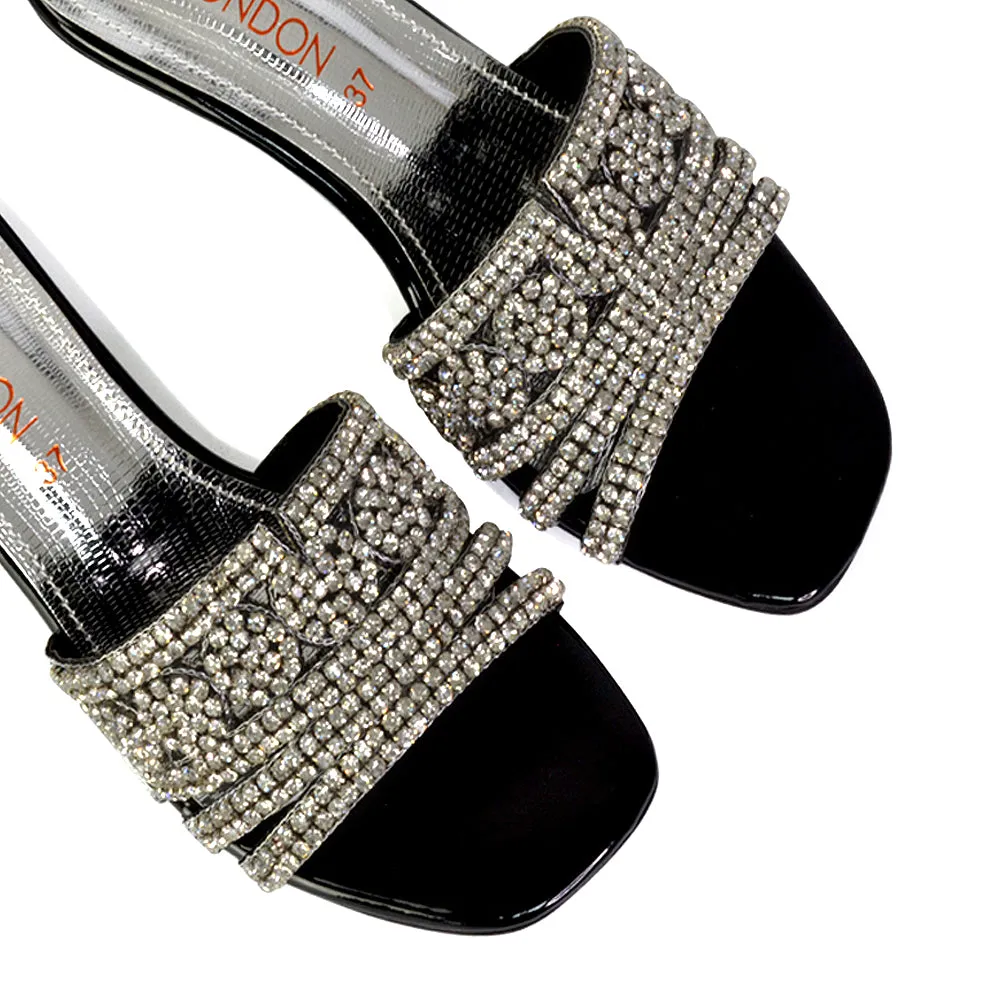 Olive Square Toe Embellished Diamante Wedge Heel Sandals in Black