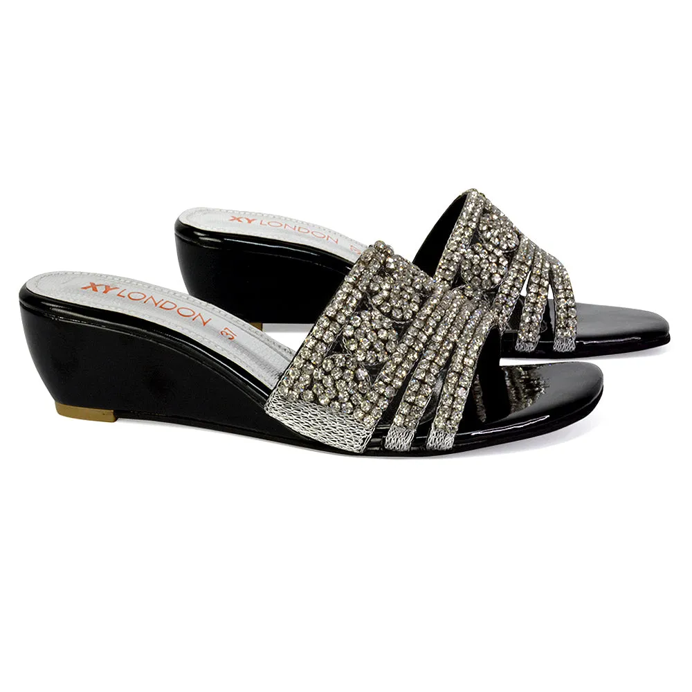 Olive Square Toe Embellished Diamante Wedge Heel Sandals in Black