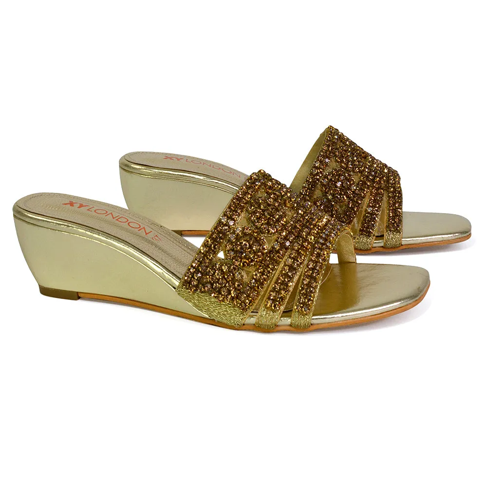 Olive Square Toe Embellished Diamante Wedge Heel Sandals in Black