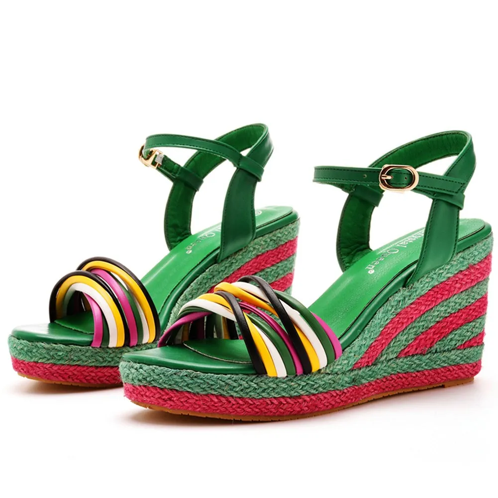 Open Toe Platform Sandals Woven Straw Wedges Beach Sandals