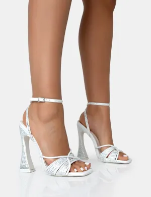 Opulence White Pu Diamante Strappy Square Toe Flared Block Heels