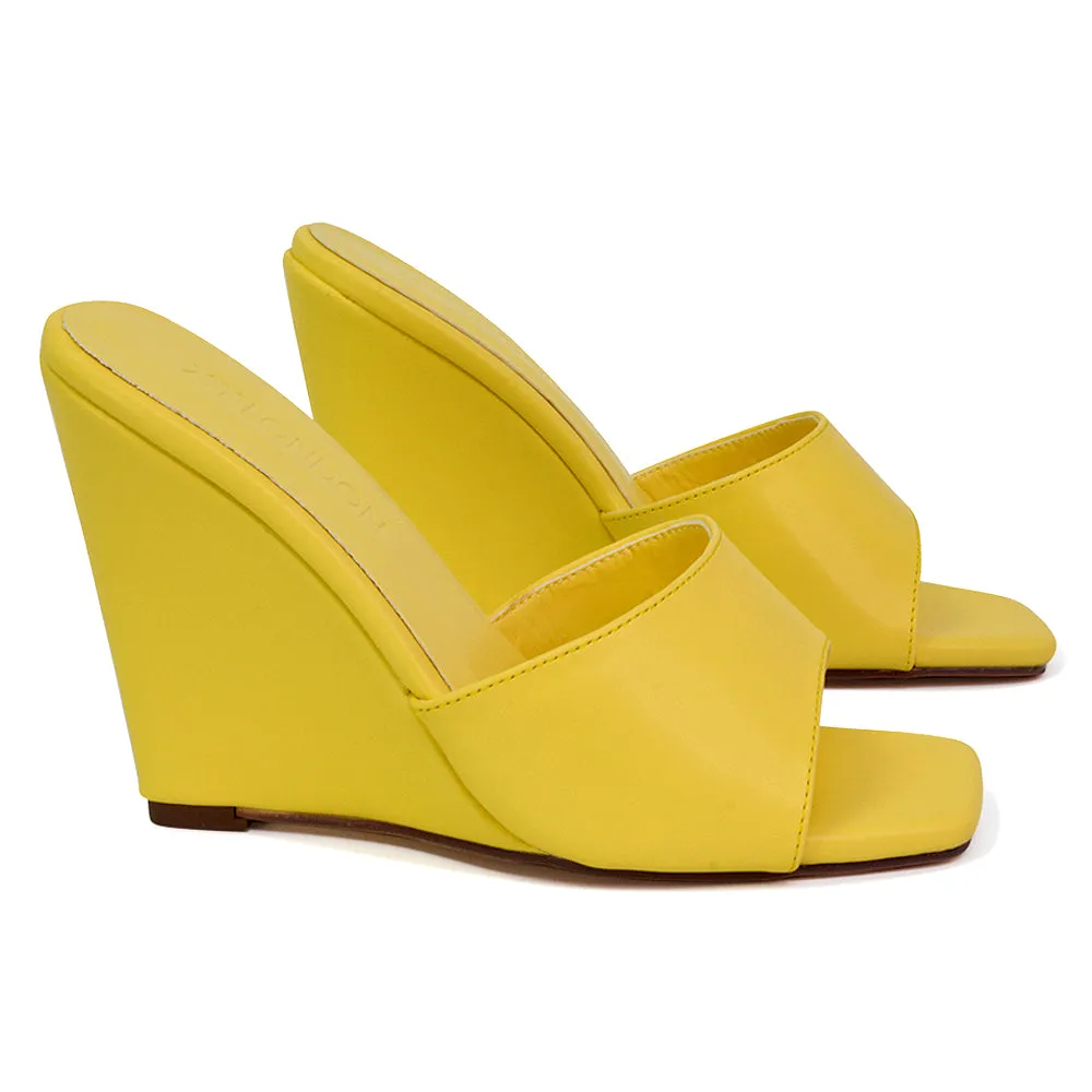 Otis Slip On Square Toe Wedge High Heeled Mule Summer Sandal Slides in Yellow