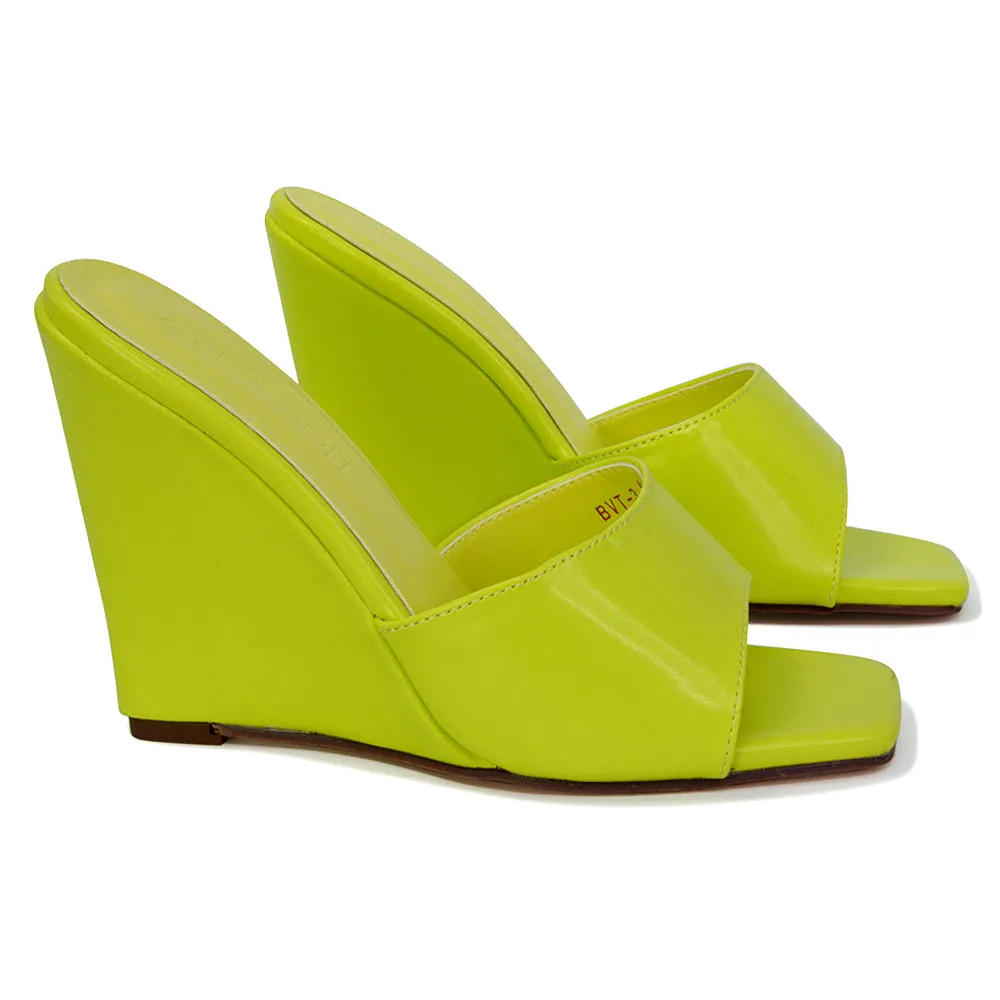 Otis Slip On Square Toe Wedge High Heeled Mule Summer Sandal Slides in Yellow