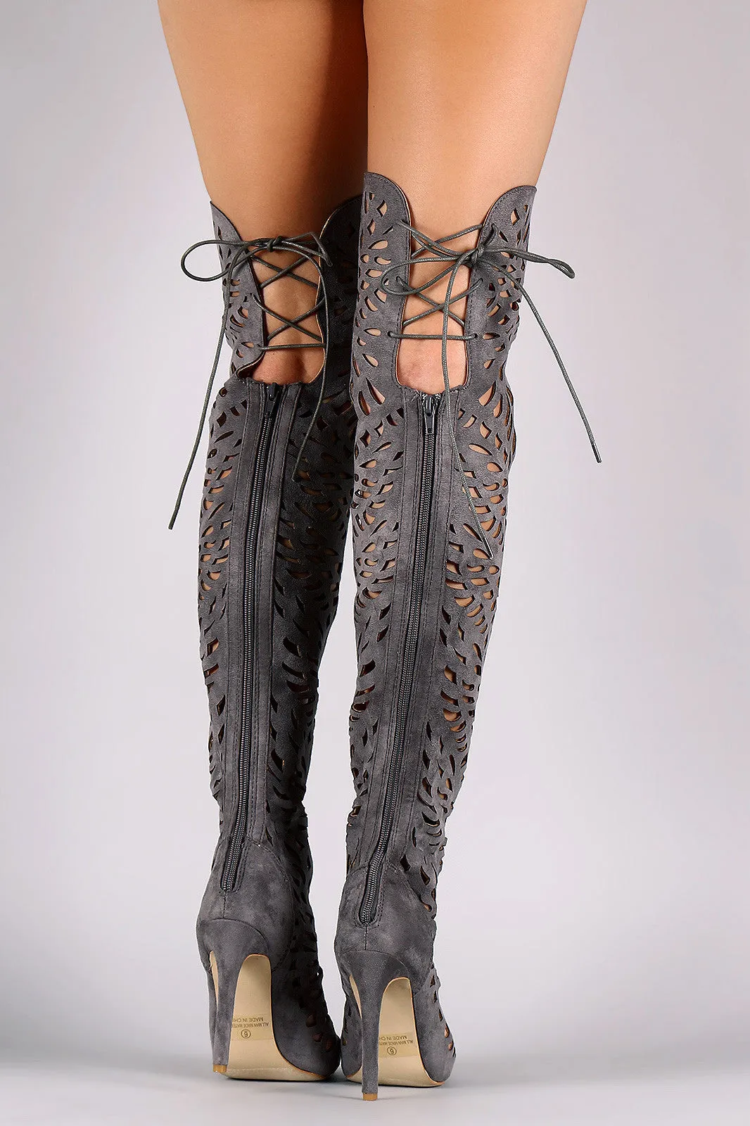 Over The Knee Teardrop Cutout Peep Toe Stiletto Boots