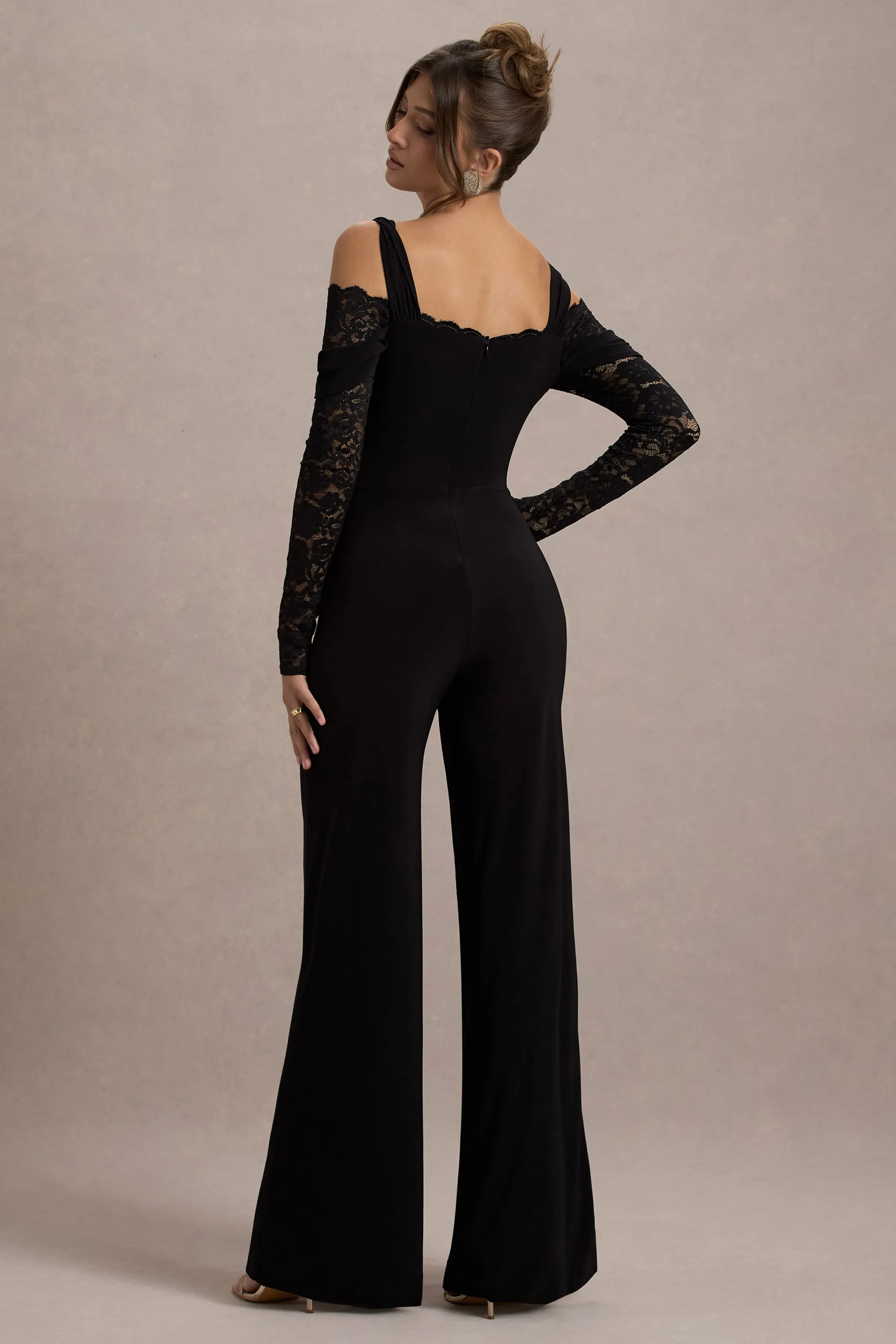 Palmira | Black Wide-Leg Jumpsuit With Lace Sleeves