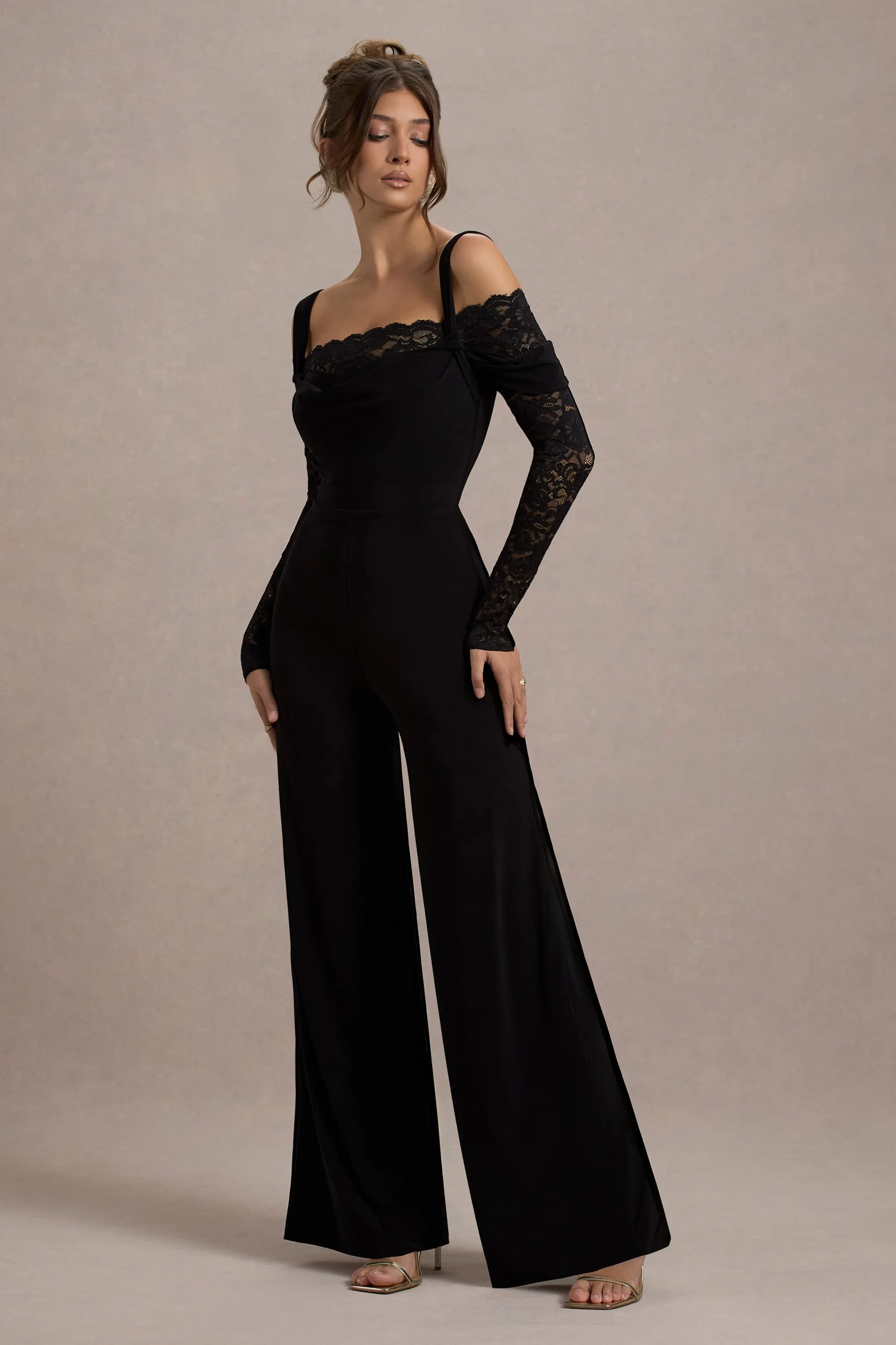 Palmira | Black Wide-Leg Jumpsuit With Lace Sleeves