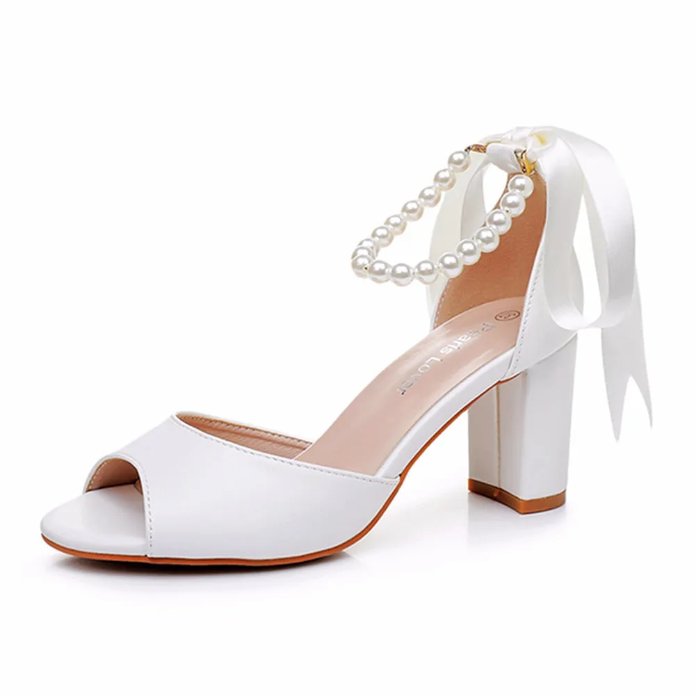 Peep Toe Ribbons Beaded Chunky Heel Sandals