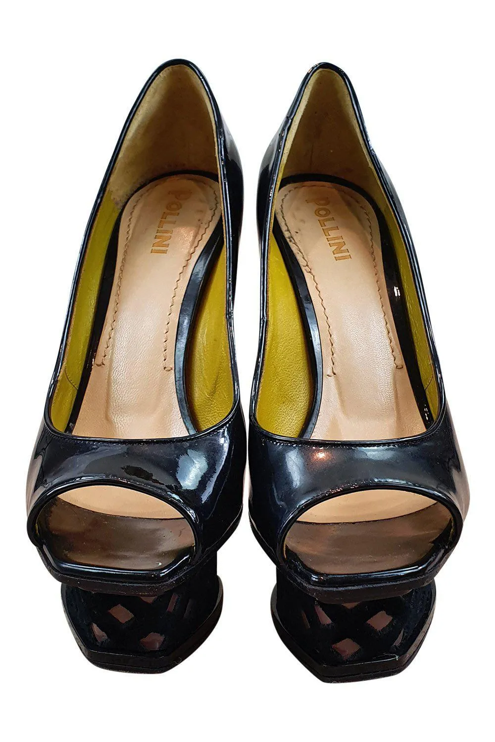 POLLINI Black Patent Leather Peep Toe Platform Heel (39)