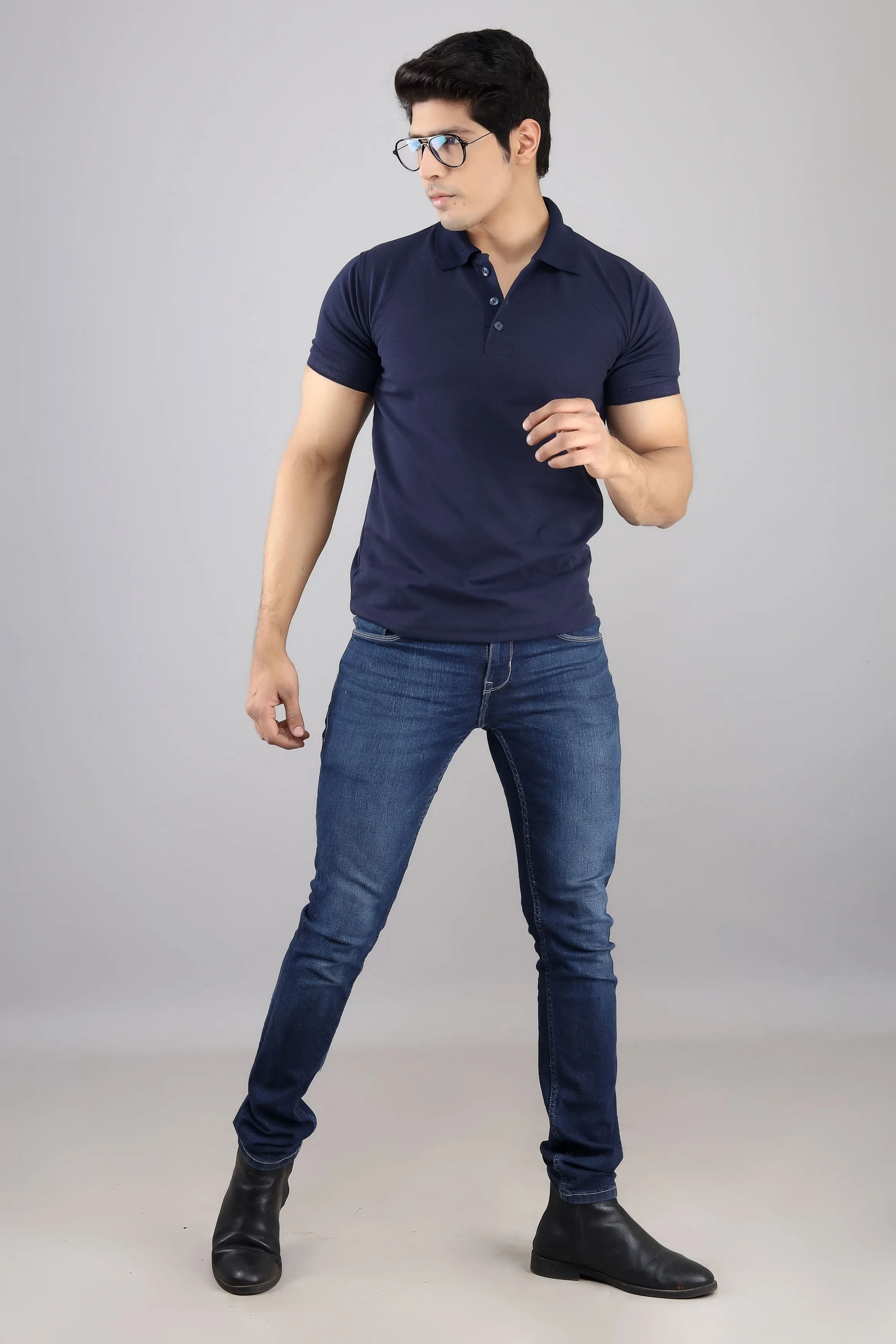 Polo T Shirts - Men Navy Blue Solid Polo Collar T-shirt