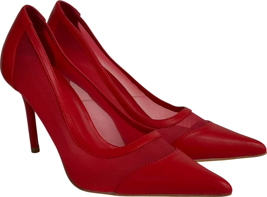 PrettyLittleThing Red Mesh Wide Fit Point Toe Contrast High Stiletto Court Heels UK 7