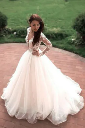 Princess A-Line V-Neck Tulle Ivory Long Sleeves Ball Gowns Wedding Dresses OK778