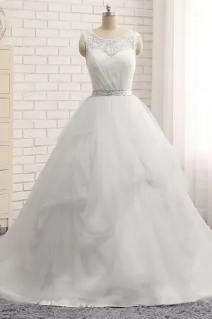 Princess Jewel Neck Long Wedding Dress with Tulle Lace