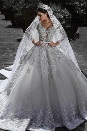 Princess Long Sleeves A Line Ball Gown Wedding Dress With Applique OKE70