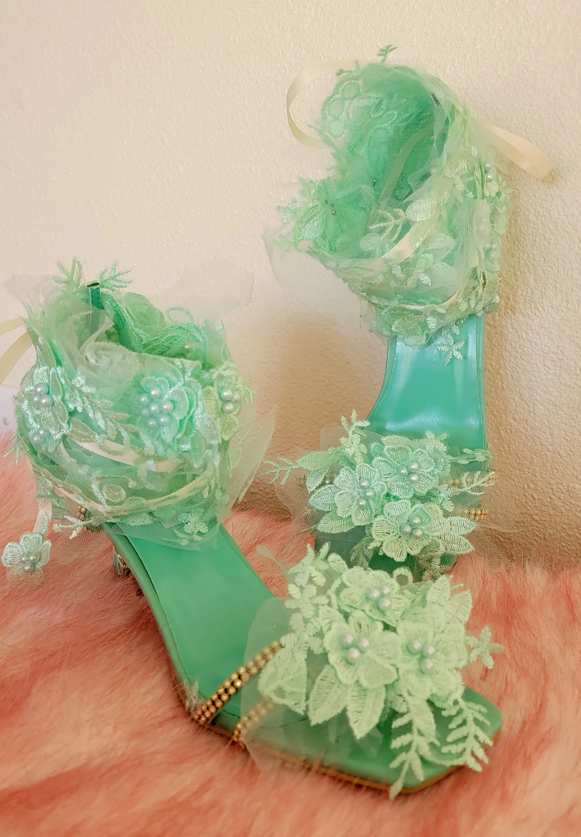 "LADY STEPHANIE" Mint Crystal & Lace Heels