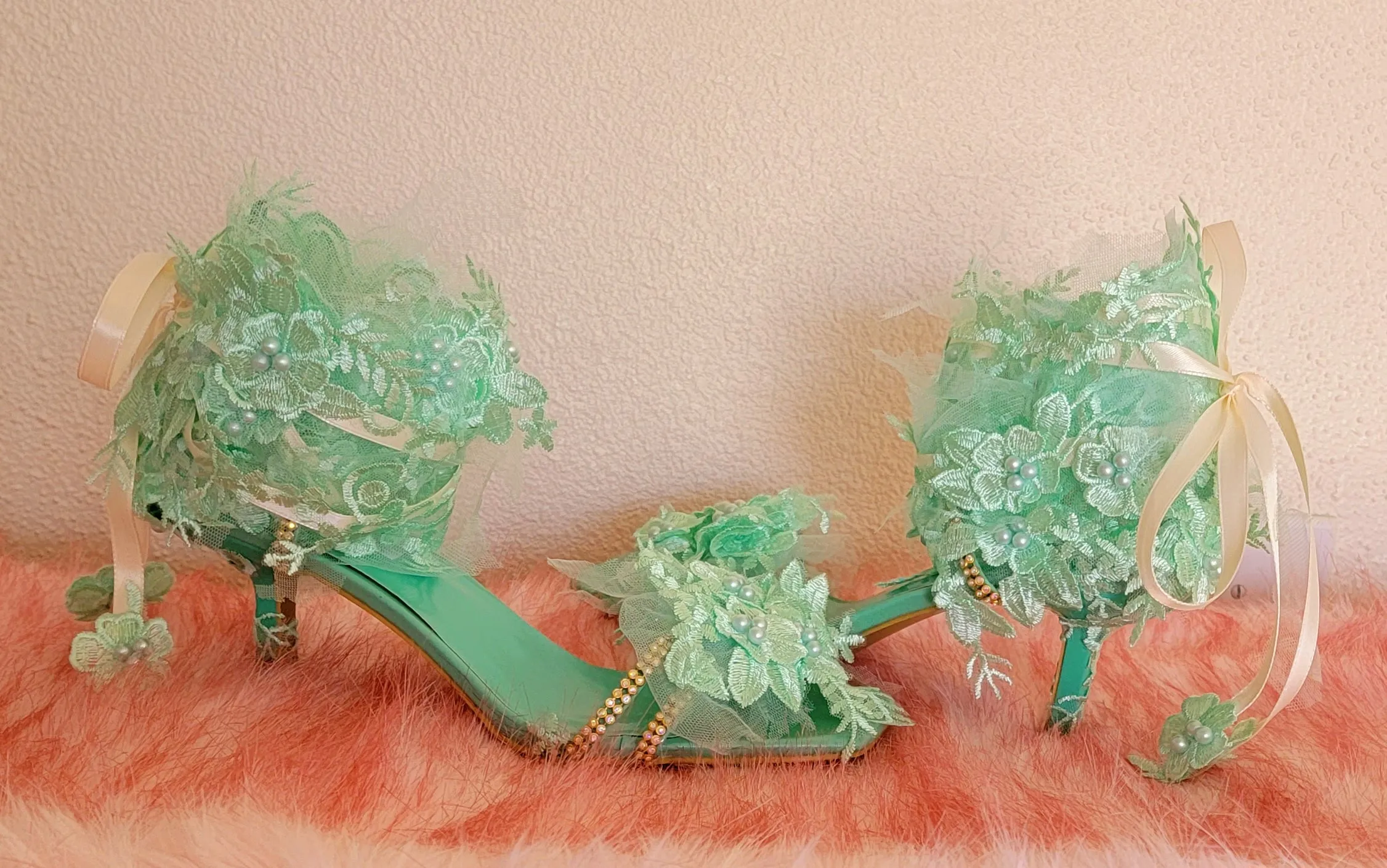 "LADY STEPHANIE" Mint Crystal & Lace Heels