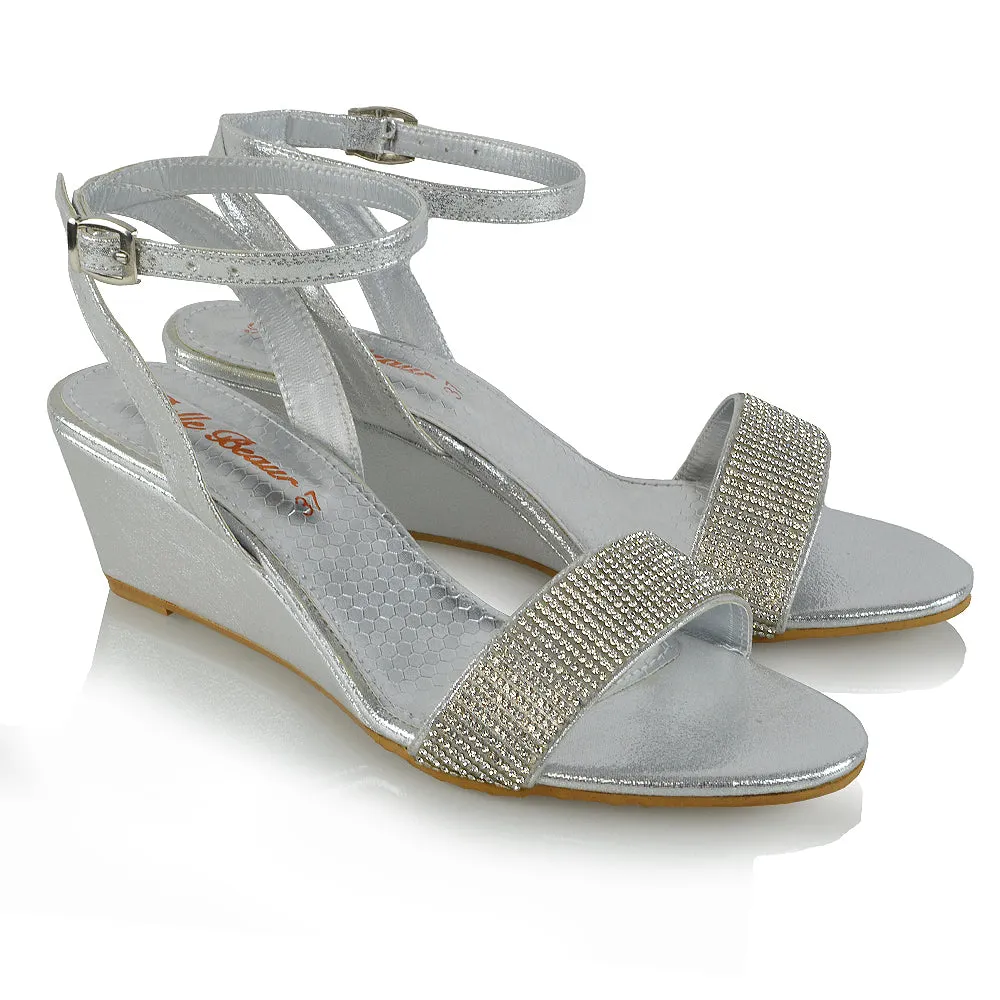 REAGAN DIAMANTE SPARKLY FRONT STRAP BUCKLE DETAIL SANDAL WEDGE LOW HEELS IN SILVER