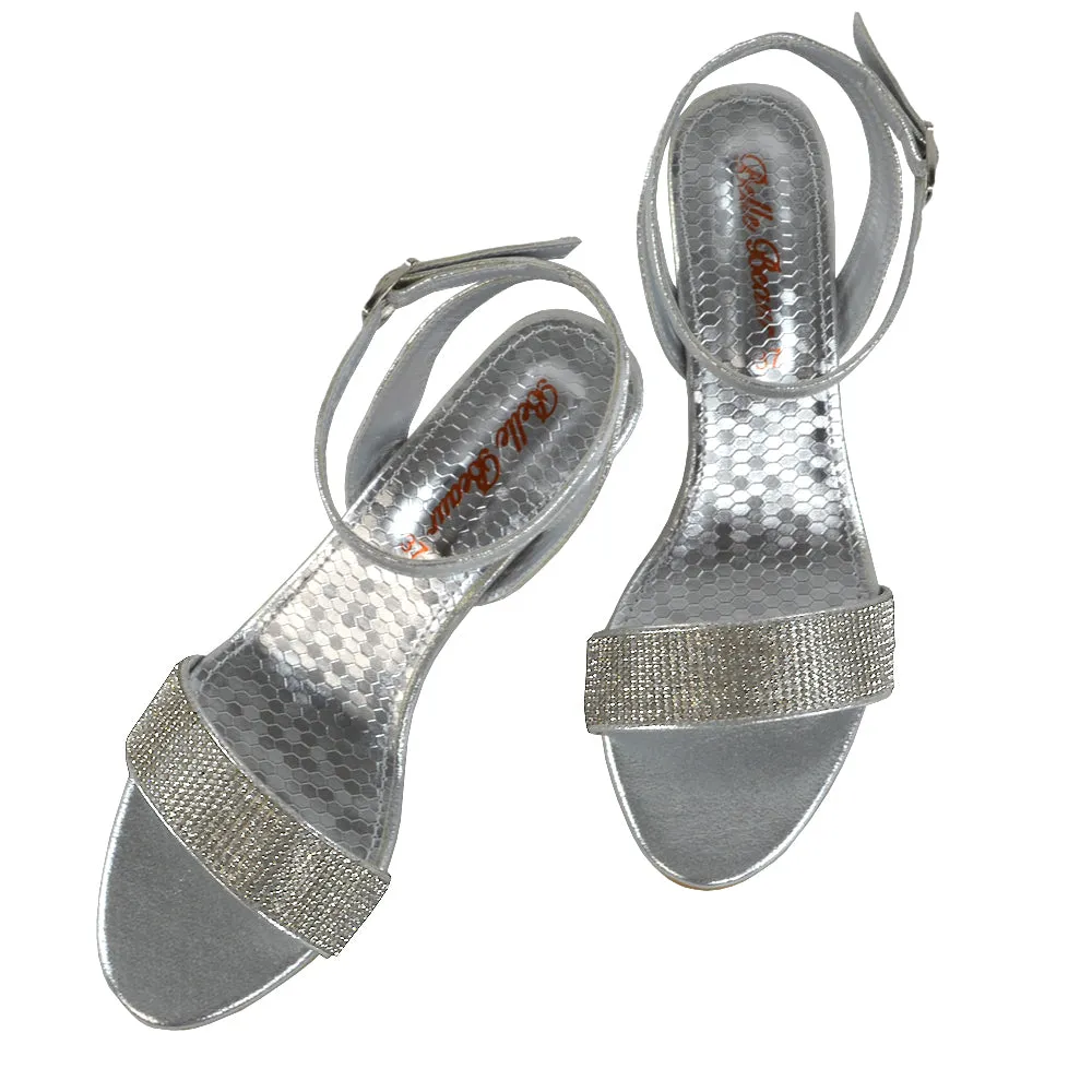 REAGAN DIAMANTE SPARKLY FRONT STRAP BUCKLE DETAIL SANDAL WEDGE LOW HEELS IN SILVER