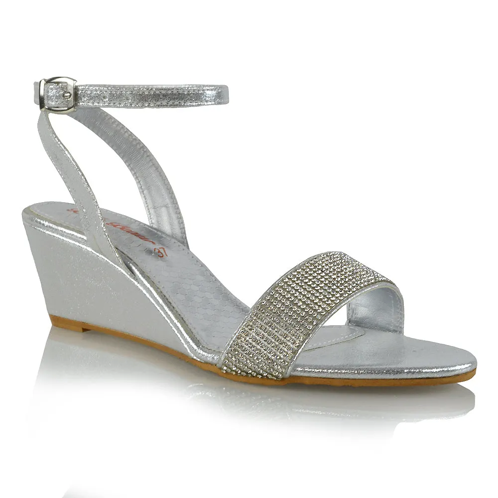 REAGAN DIAMANTE SPARKLY FRONT STRAP BUCKLE DETAIL SANDAL WEDGE LOW HEELS IN SILVER