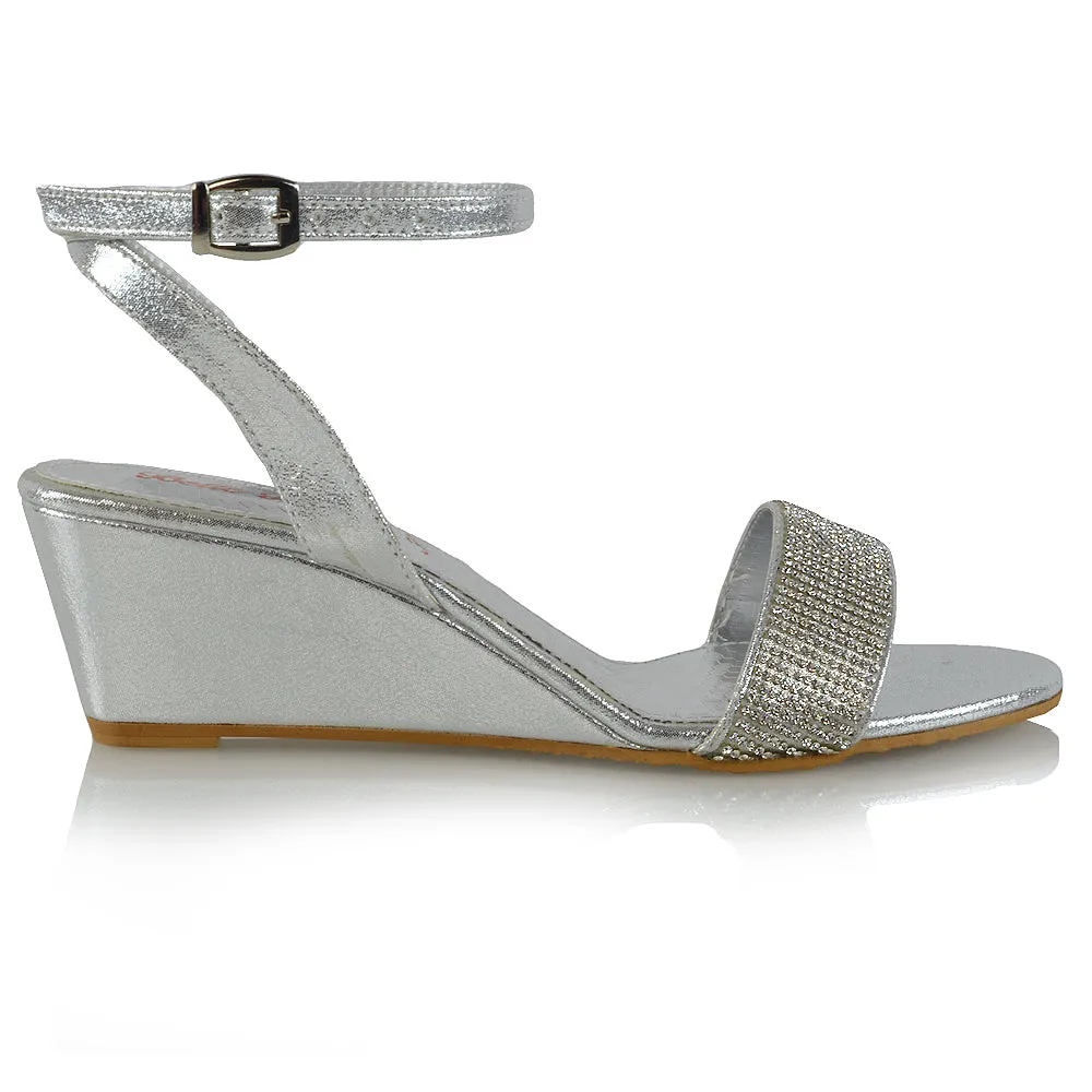 REAGAN DIAMANTE SPARKLY FRONT STRAP BUCKLE DETAIL SANDAL WEDGE LOW HEELS IN SILVER