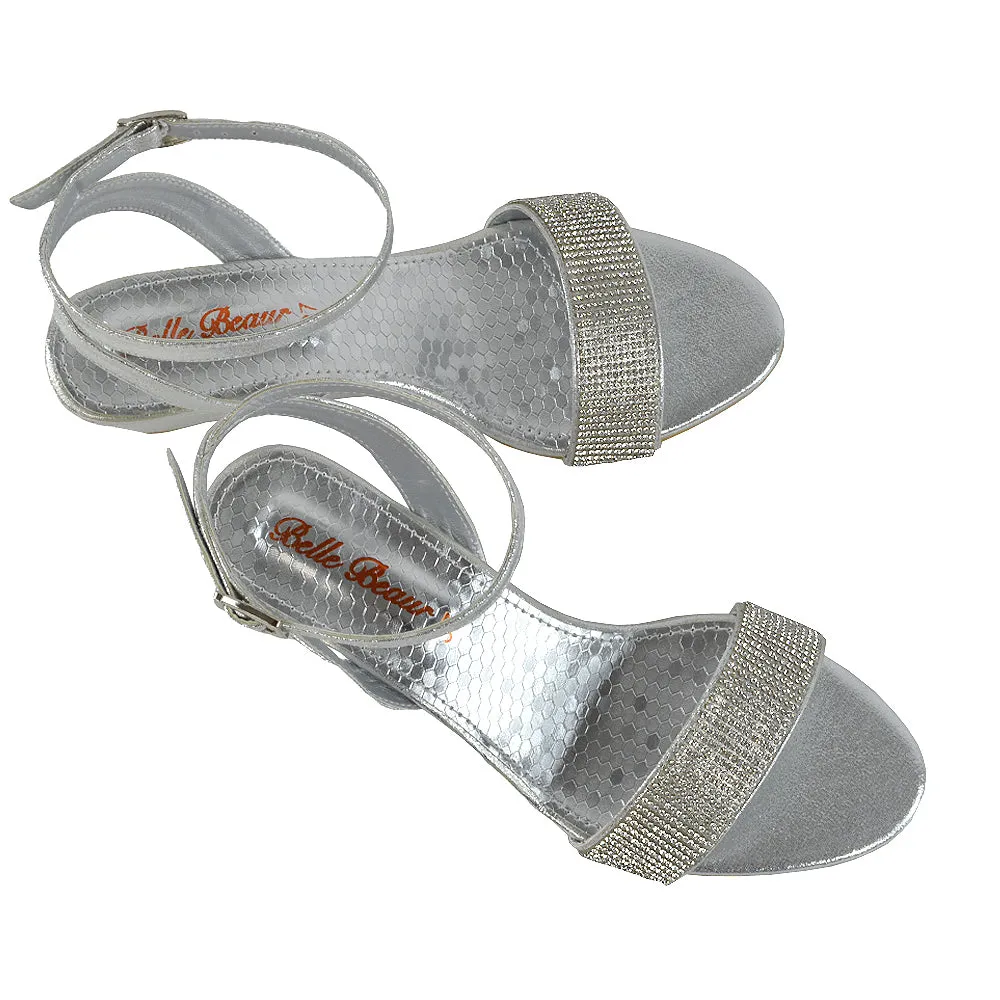 REAGAN DIAMANTE SPARKLY FRONT STRAP BUCKLE DETAIL SANDAL WEDGE LOW HEELS IN SILVER