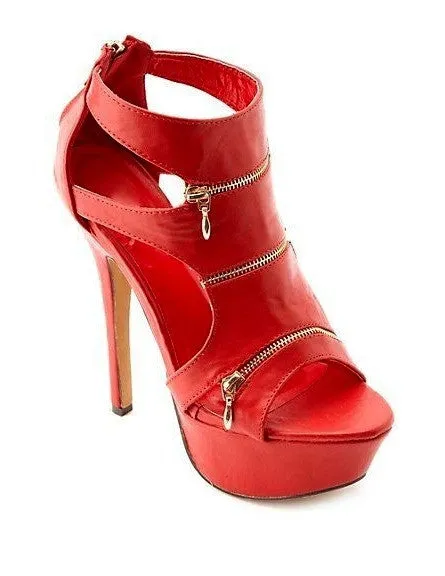 Red Triple Zipper Cut-Out Platform Heels