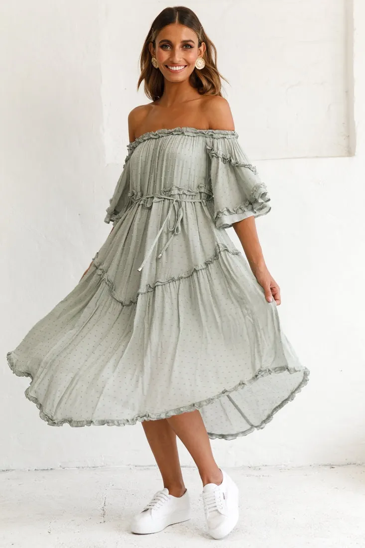 Renoir Off-Shoulder Frill Trim Midi Dress Olive