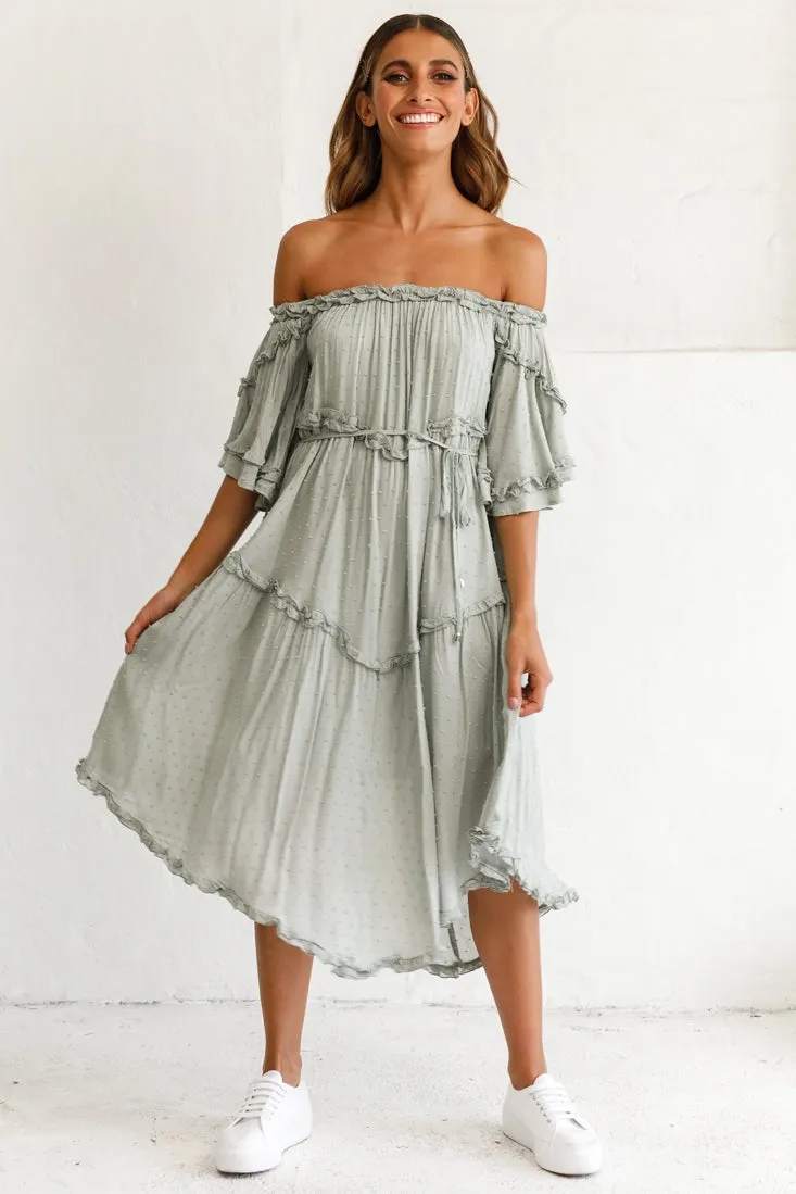 Renoir Off-Shoulder Frill Trim Midi Dress Olive