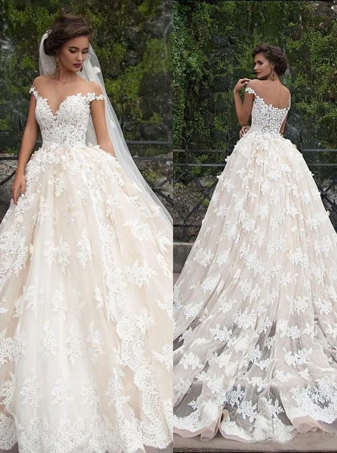 Romantic Jewel Cap Sleeves Ball Gown Wedding Dresses with Lace Top OKB09