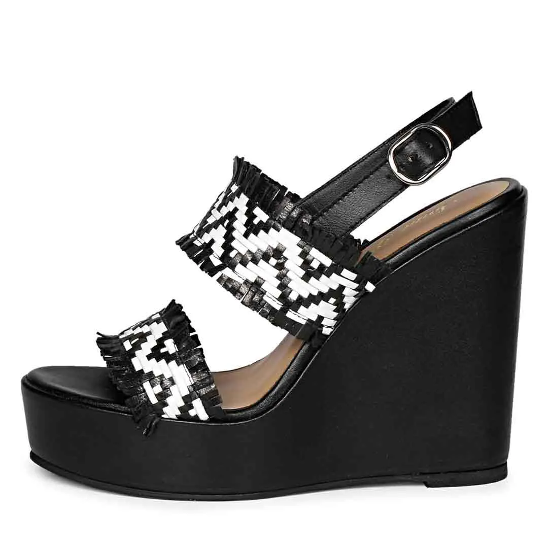 Saint Kimberly Hand Woven Black Leather Wedge Heels