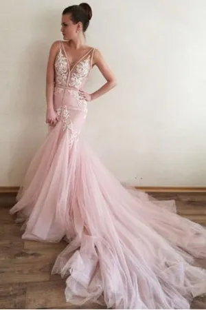 Sexy Appliques V-Neck Mermaid Long Formal Pink Tulle Prom Gowns OK845