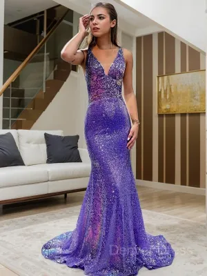 Sheath V-neck Court Train Sequins Prom Dresses