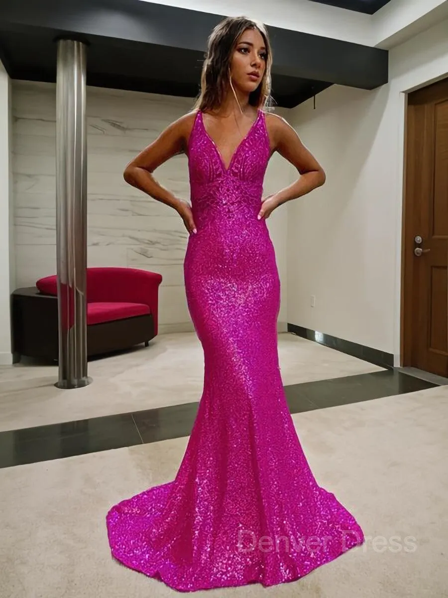 Sheath V-neck Court Train Sequins Prom Dresses