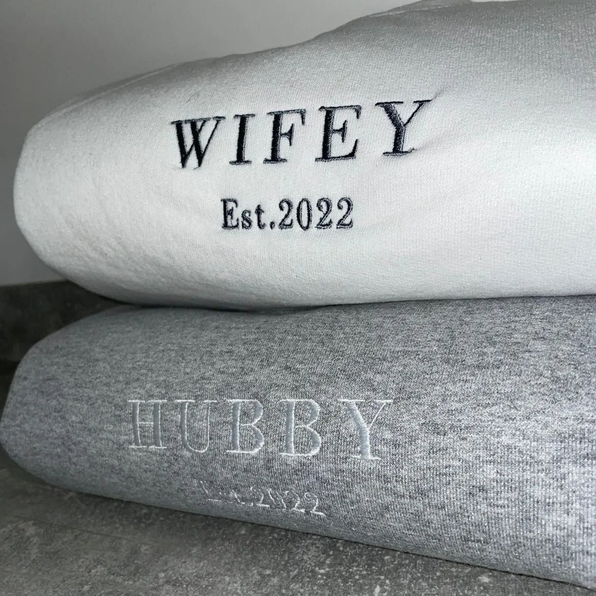 Simplified Wifey Hubby Sweatshirts with Block Text and Date