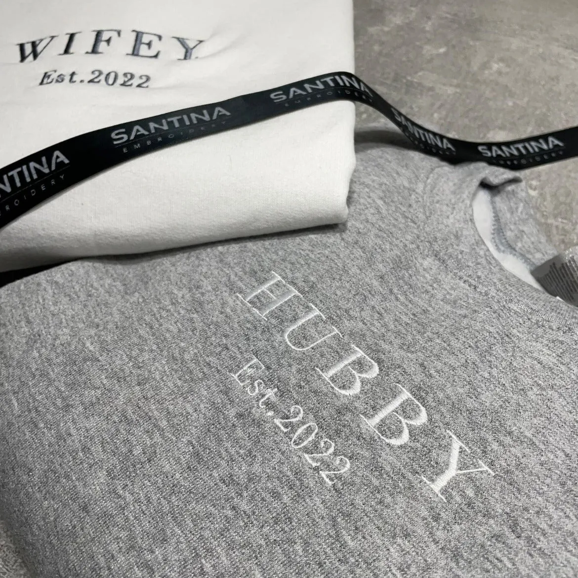 Simplified Wifey Hubby Sweatshirts with Block Text and Date