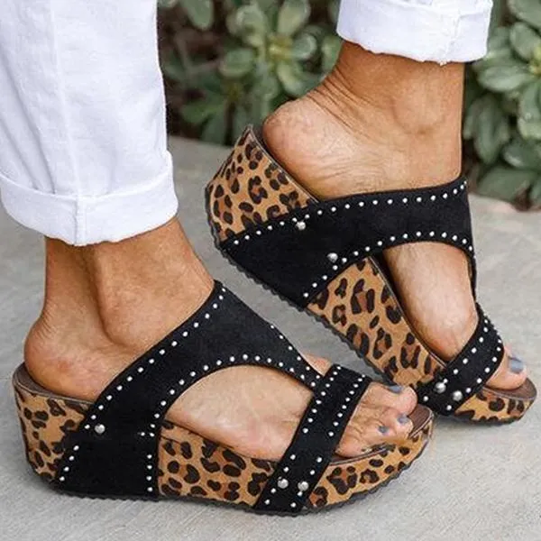 Sohiwoo  Imily Bela Women Rhinestone Animal Print Wedge Heel Sandals