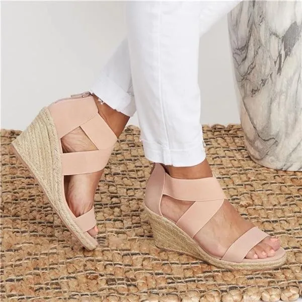 Sohiwoo  Women Summer Vintage Sandals Round Toe Middel Heel Wedge Casual Ladies Sandals