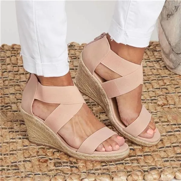 Sohiwoo  Women Summer Vintage Sandals Round Toe Middel Heel Wedge Casual Ladies Sandals