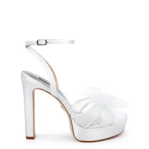 Sophie - Peep Toe Block Heel Platform With Tulle Bow - White