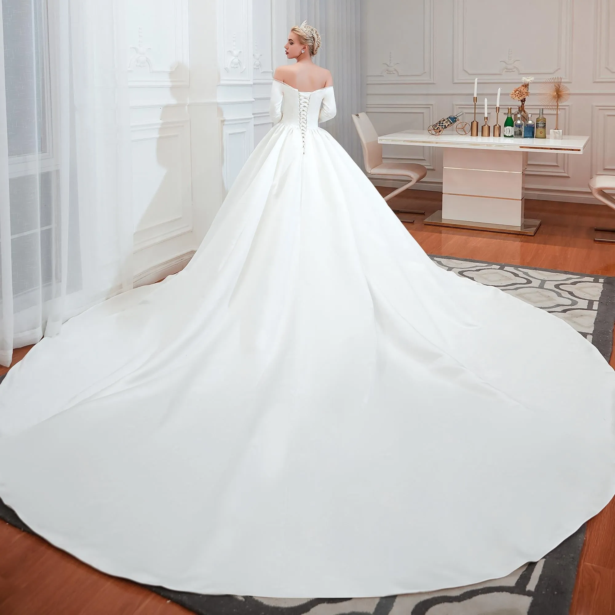 Strapless A-line Long Sleeves Satin Wedding Dress With Training