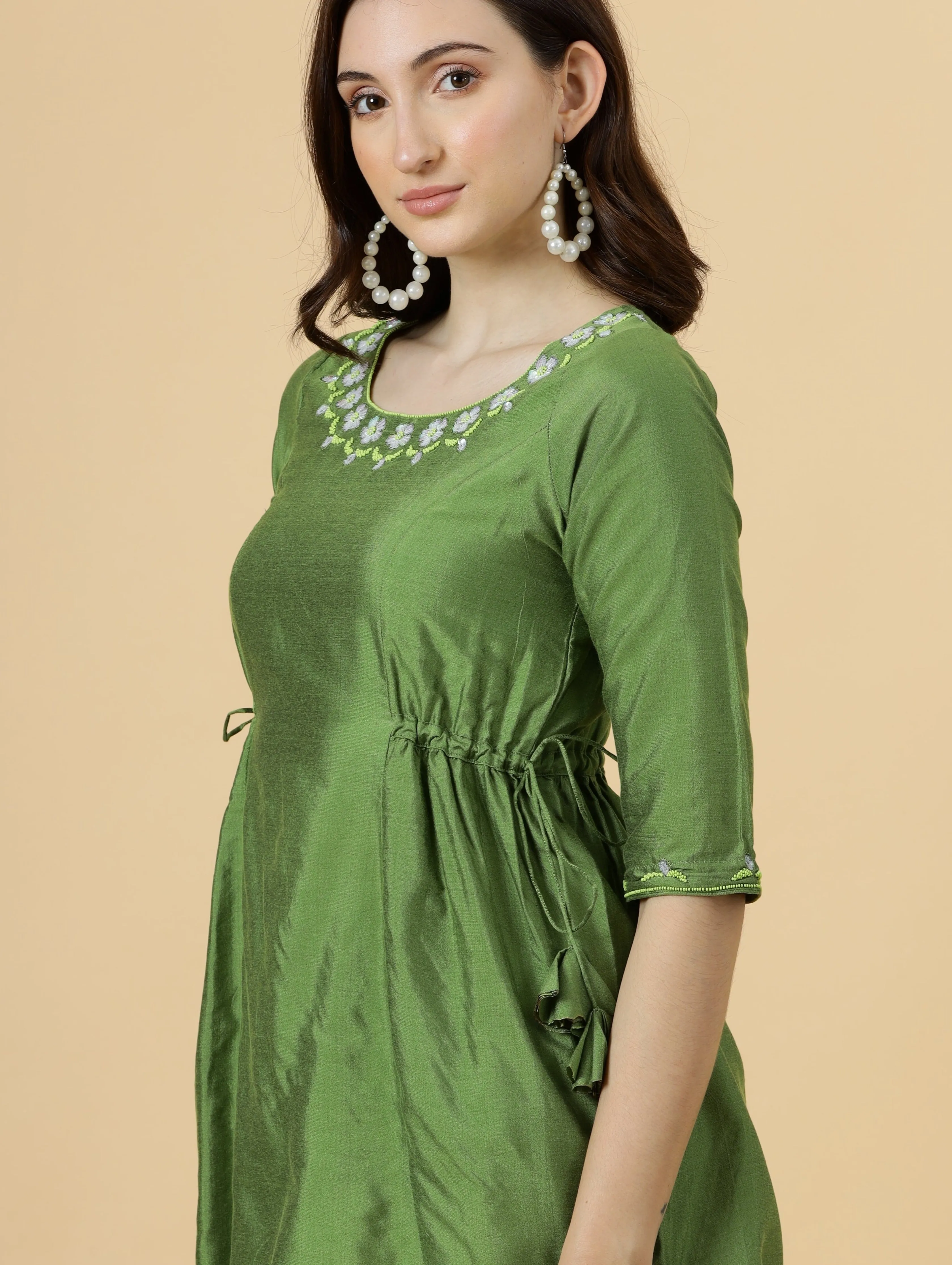 Stylish Leaf Green Embroidered Short Kurti-Tulip Set