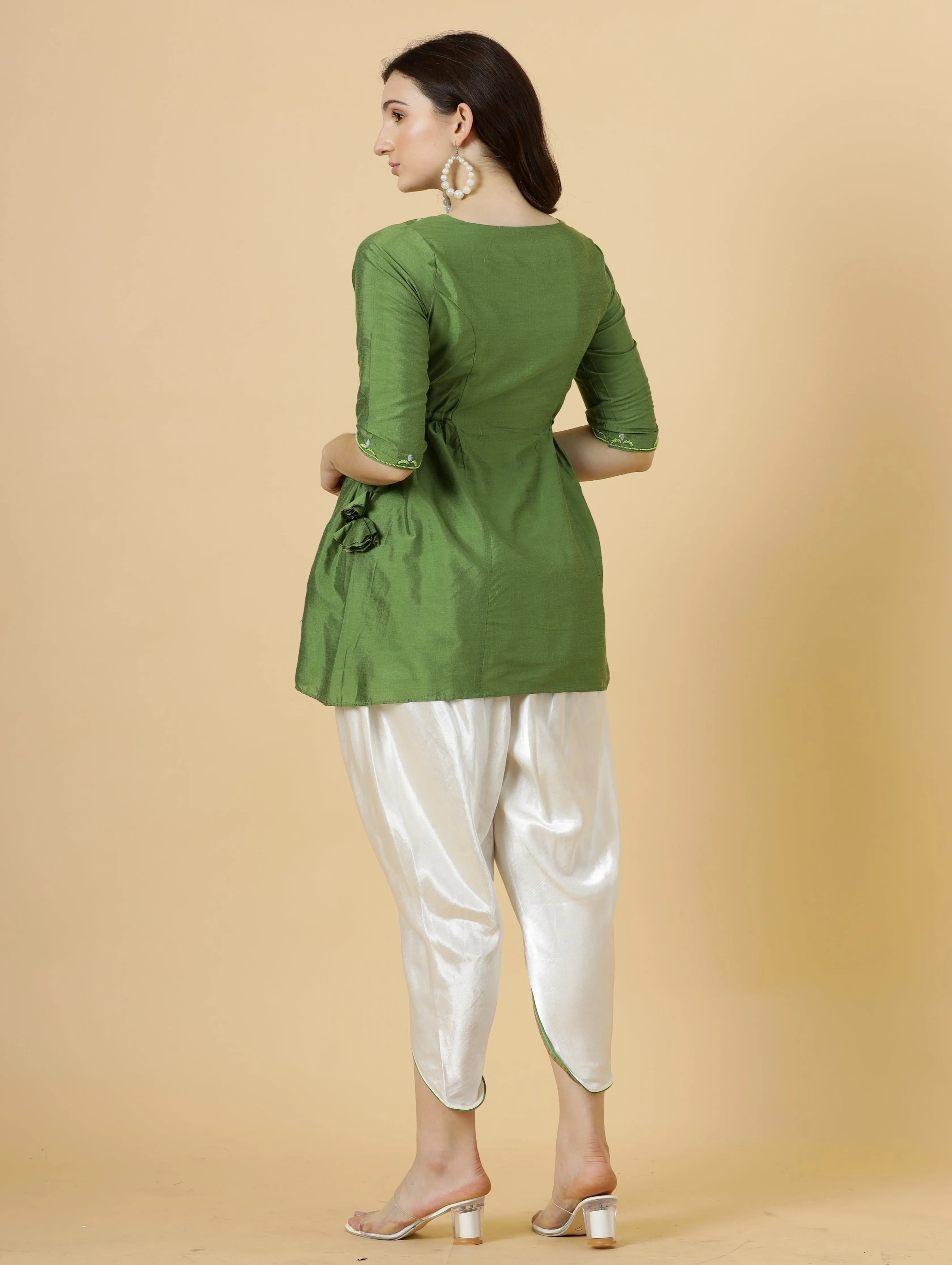 Stylish Leaf Green Embroidered Short Kurti-Tulip Set