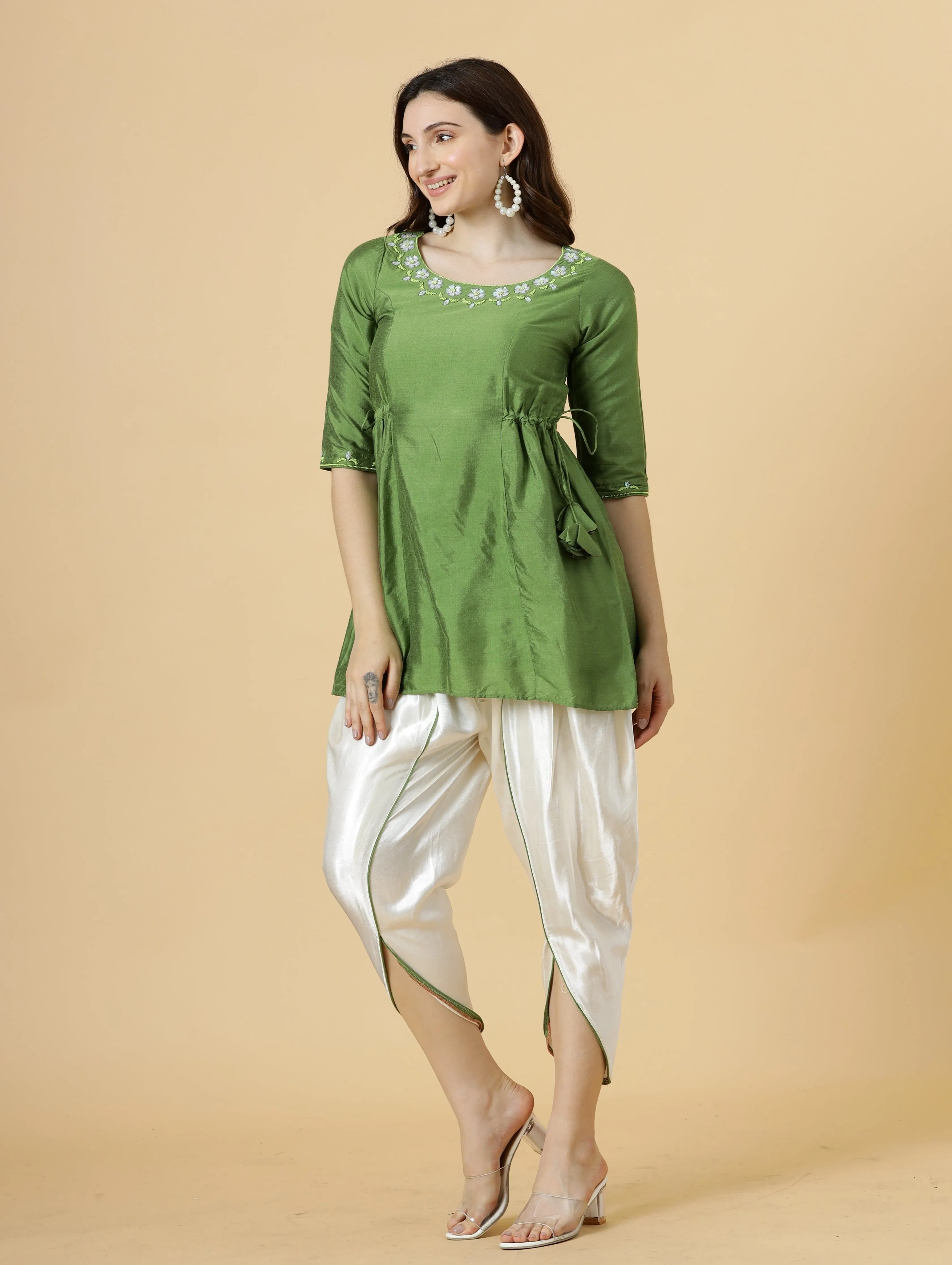 Stylish Leaf Green Embroidered Short Kurti-Tulip Set