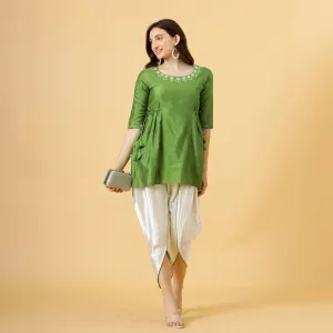 Stylish Leaf Green Embroidered Short Kurti-Tulip Set