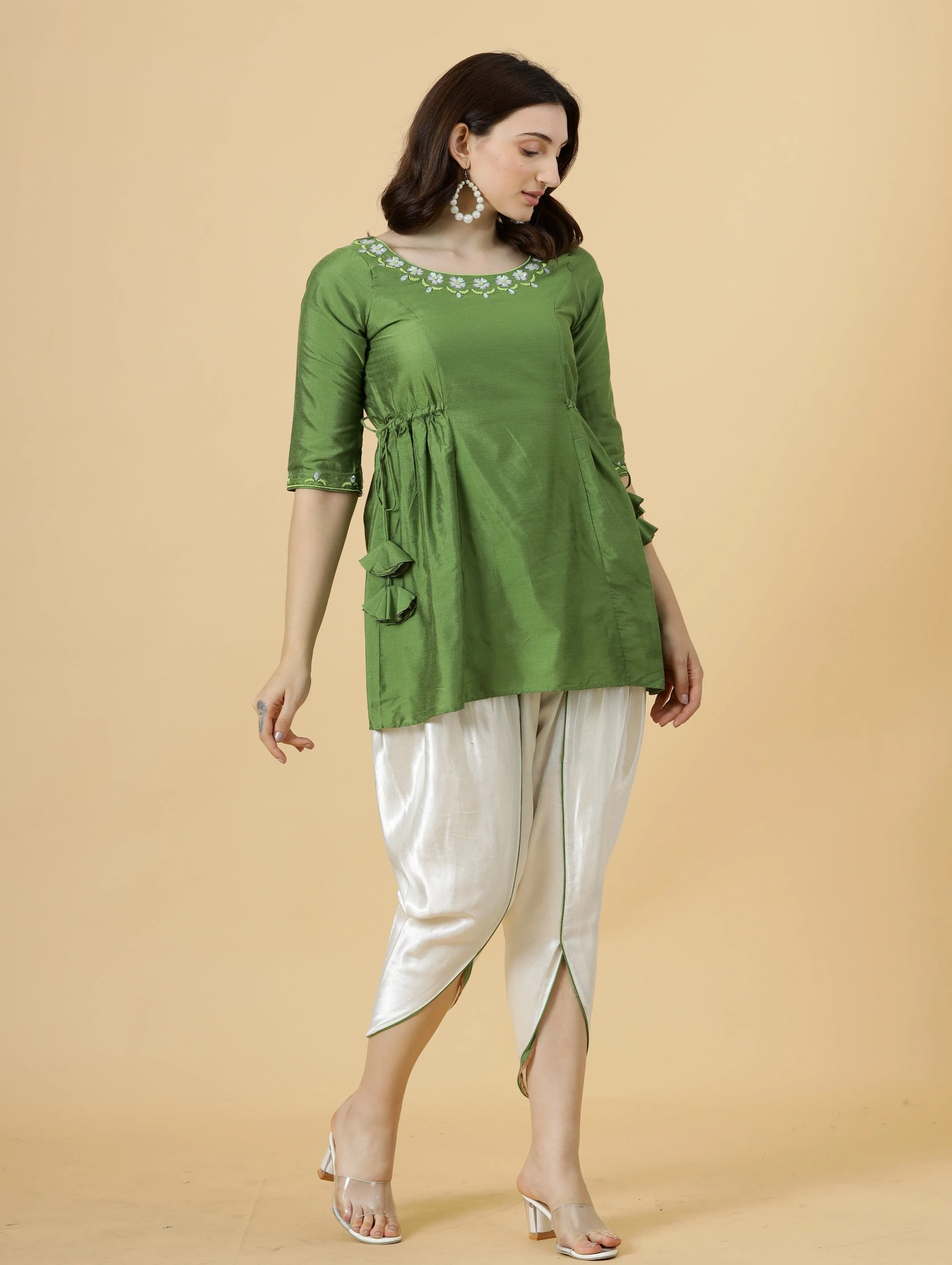 Stylish Leaf Green Embroidered Short Kurti-Tulip Set